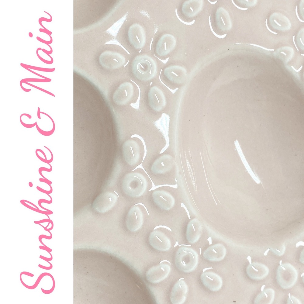 Sunshine & Main Pink Ceramic Egg Shaped Deviled Egg Platter Embossed Floral Tray - Picture 6 of 10